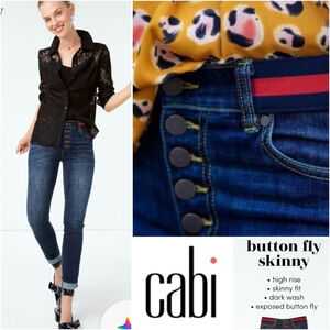 CAbi #3751 Exposed Button Fly Skinny Jeans Dark Blue Red Ribbon Belt Stretch 6